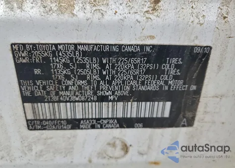 2011 Toyota Rav4 from USA, damaged, VIN 2T3BF4DV3BW087248